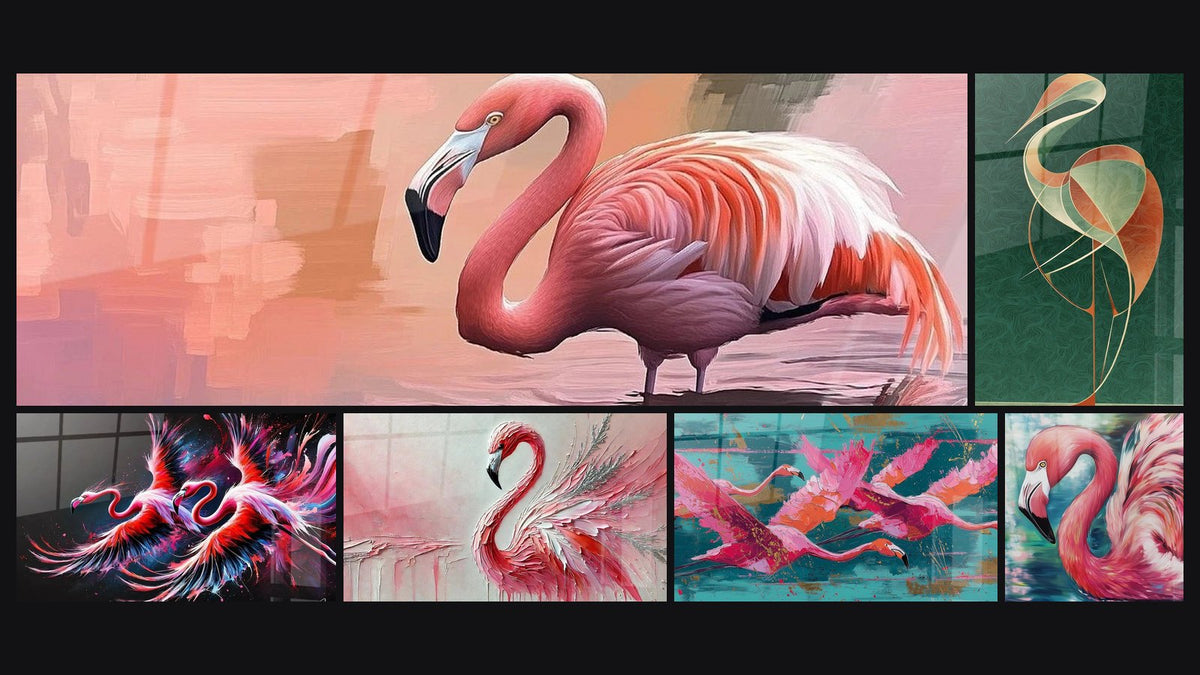 Mosaïque de six tableaux, dont Flamant lumière rosée, Flammes du Ciel et Énergie Rosée