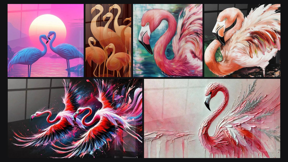 Mosaïque de six tableaux, dont Flamants roses Lumière de l'amour, Flammes du Ciel et Énergie Rosée