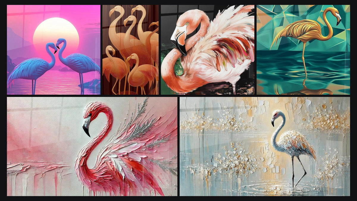 Mosaïque de six tableaux, dont Flamants roses Lumière de l'amour, Énergie Rosée et Flamants Roses