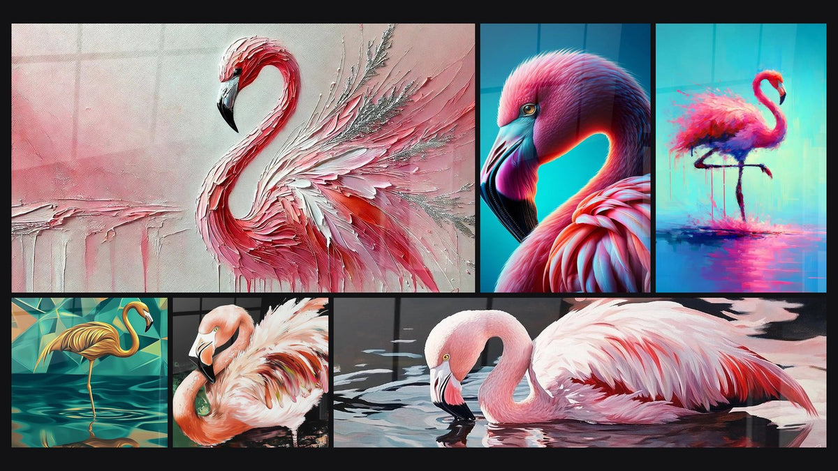 Mozaika sześciu obrazów, w tym Energia Rosée, Flamingo elegancja kubistyczna i Różowego flaminga w odcieniach perłowych