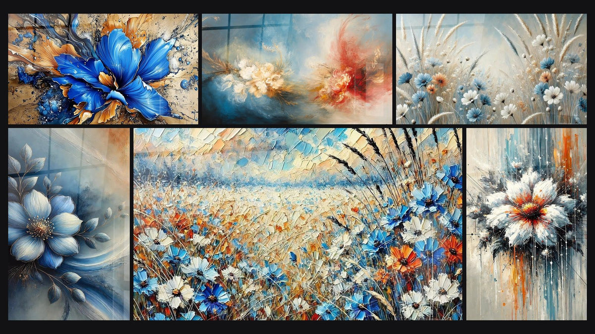 Mosaic of six paintings, including Abstract Blue Flower, Midnight Blue and Meadow Song