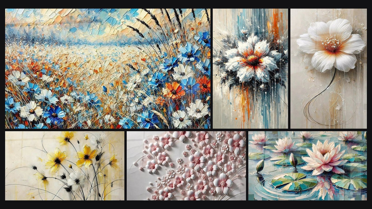 Mosaïque de six tableaux, dont Chant des Prairies, Explosion Florale et Fleur en Grâce