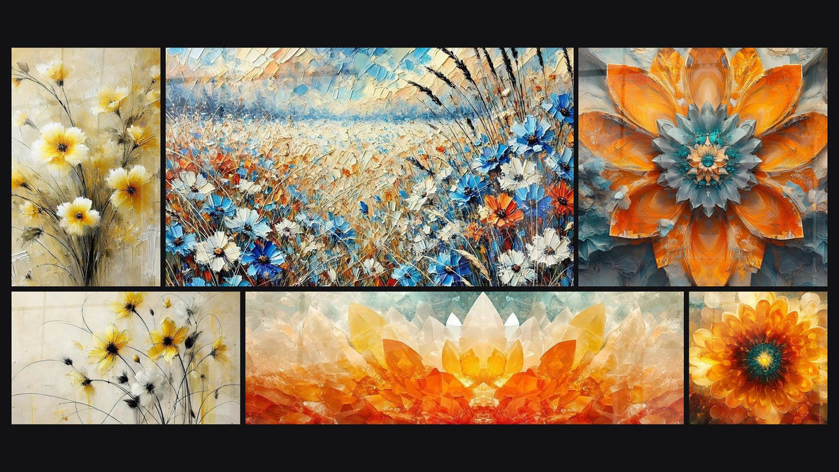 Mosaïque de six tableaux, dont Effleurement Doré, Fleurs de Soleil et Chant des Prairies