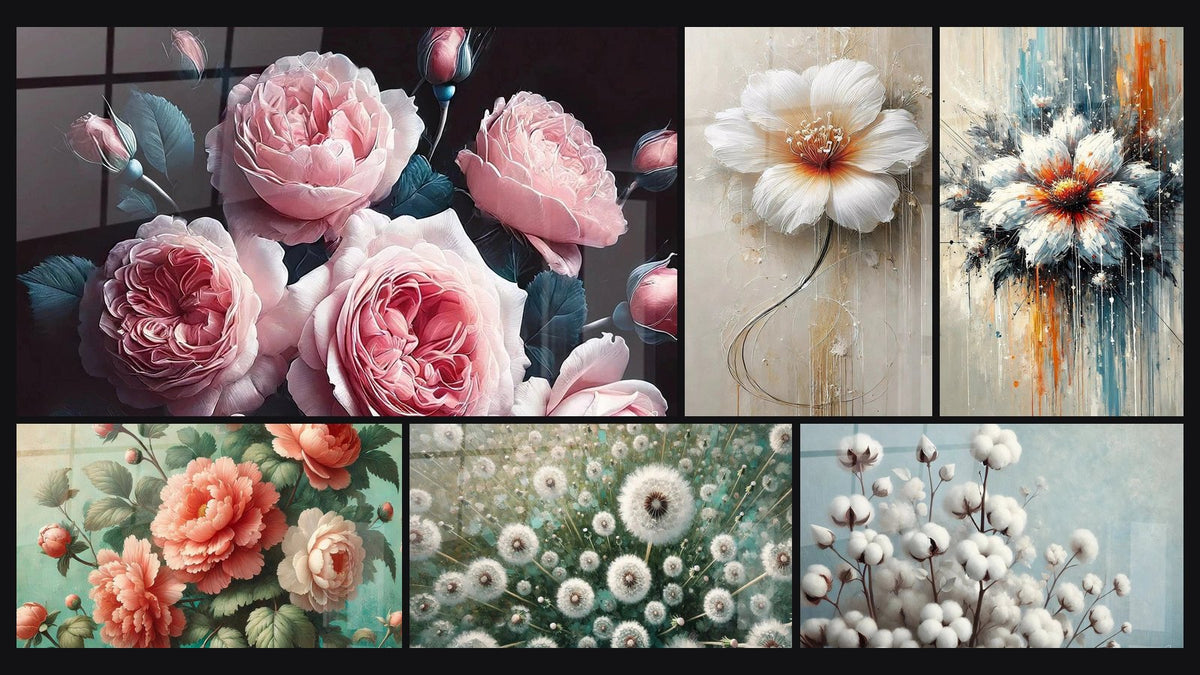 Mosaico di sei quadri, tra cui Poesia in Rosa, Sbocciamento e All'aperto