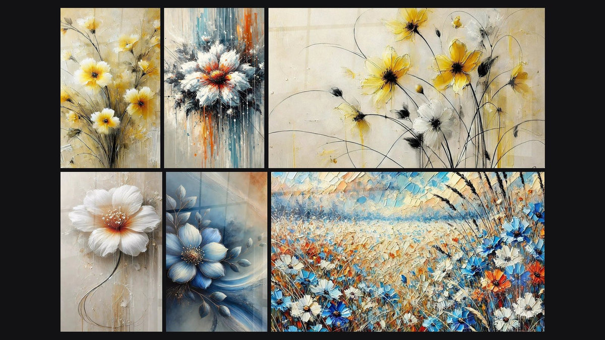 Mosaïque de six tableaux, dont Effleurement Doré, Fleur en Grâce et Explosion Florale
