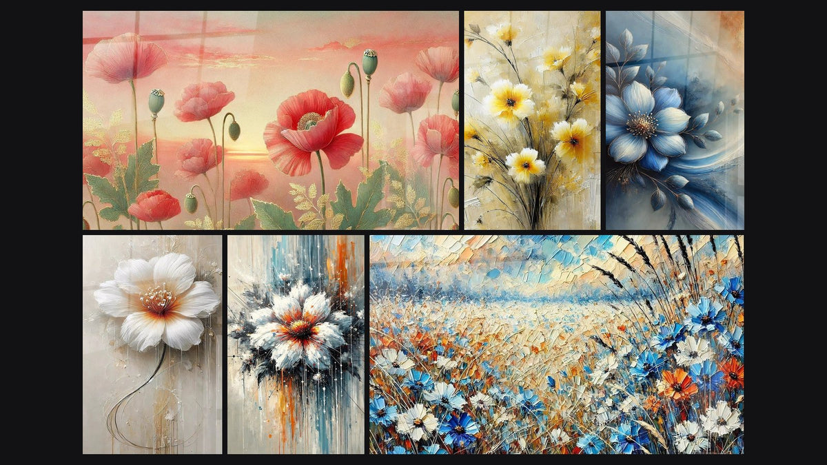 Mosaïque de six tableaux, dont Beauté Printanière, Effleurement Doré et Fleur en Grâce