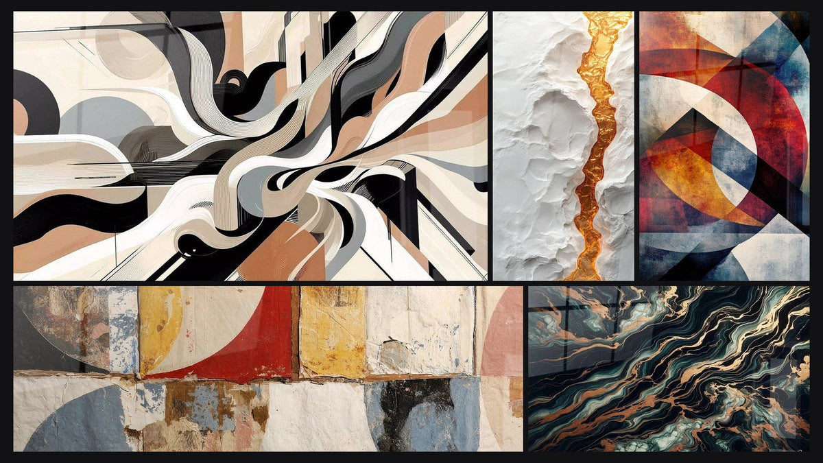 Mosaïque de cinq tableaux, dont Vibrations Graphiques et Formes géométriques abstraites