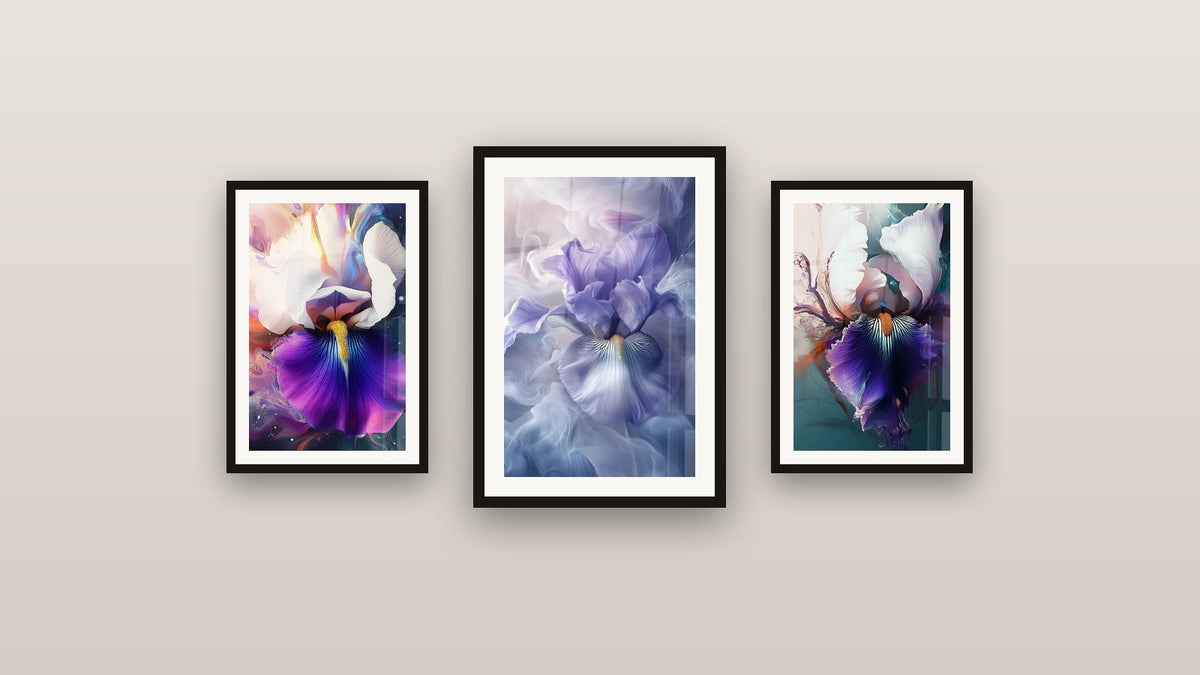 Mur de galerie avec trois tableaux encadrés : Iris N°2, Iris N°5 et Iris N°7