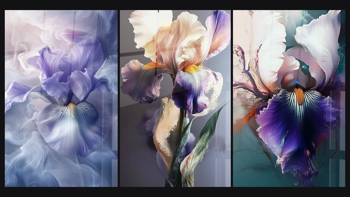 Mosaic of three paintings, including Iris Wall Art No. 2 and Iris Wall Art No.7