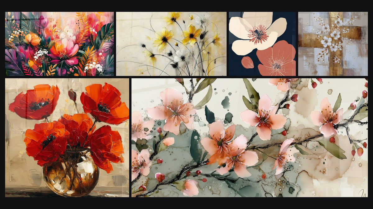 Mosaïque de six tableaux, dont Fleur rose et orange feuillage anthracite et Fleurs de Soleil