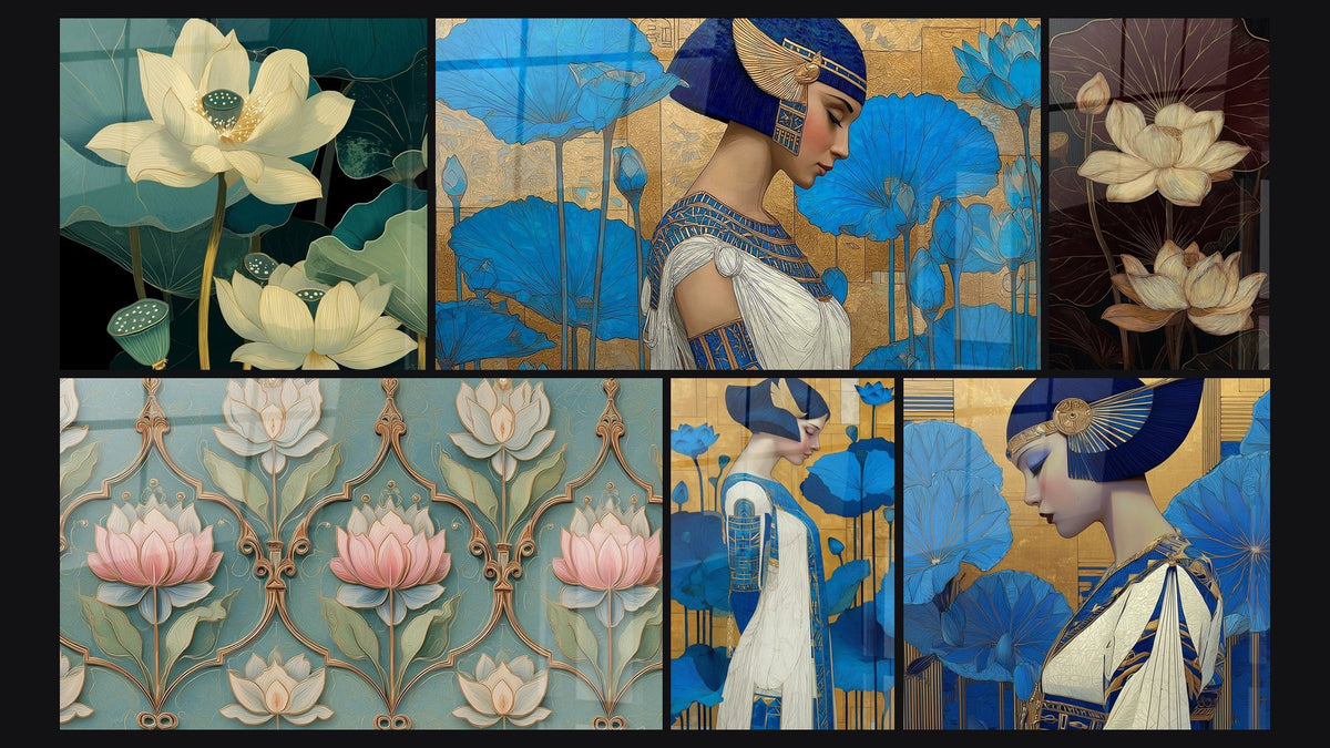 Mosaic of six paintings, including Lotus Flowers, Egyptian Woman and Lotus Wall Art Art Deco
