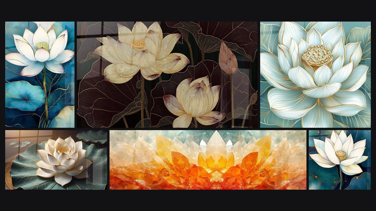 Mosaïque de six tableaux, dont Lotus éveil des eaux, Pureté Sacrée et Fleurs de Lotus