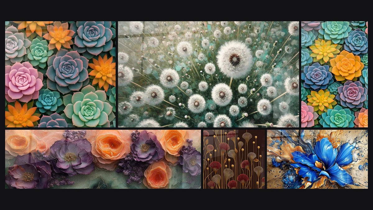 Mosaic of six paintings, including Pastel Cactus, Dual Florals and Outdoor