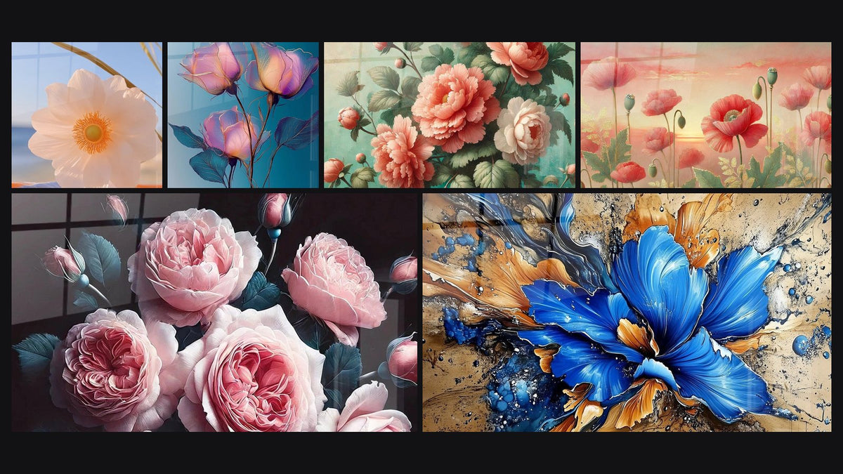 Mosaico di sei quadri, tra cui Con fiore di anemone rosa traslucido, Poesia in Rosa e Silenzio di Rosa