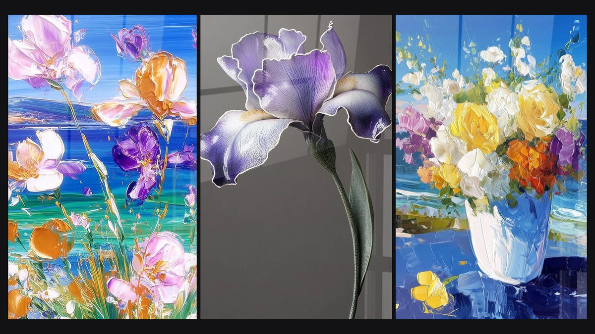 Mosaik aus drei Gemälden, darunter Iris-Wandbild Nr. 9