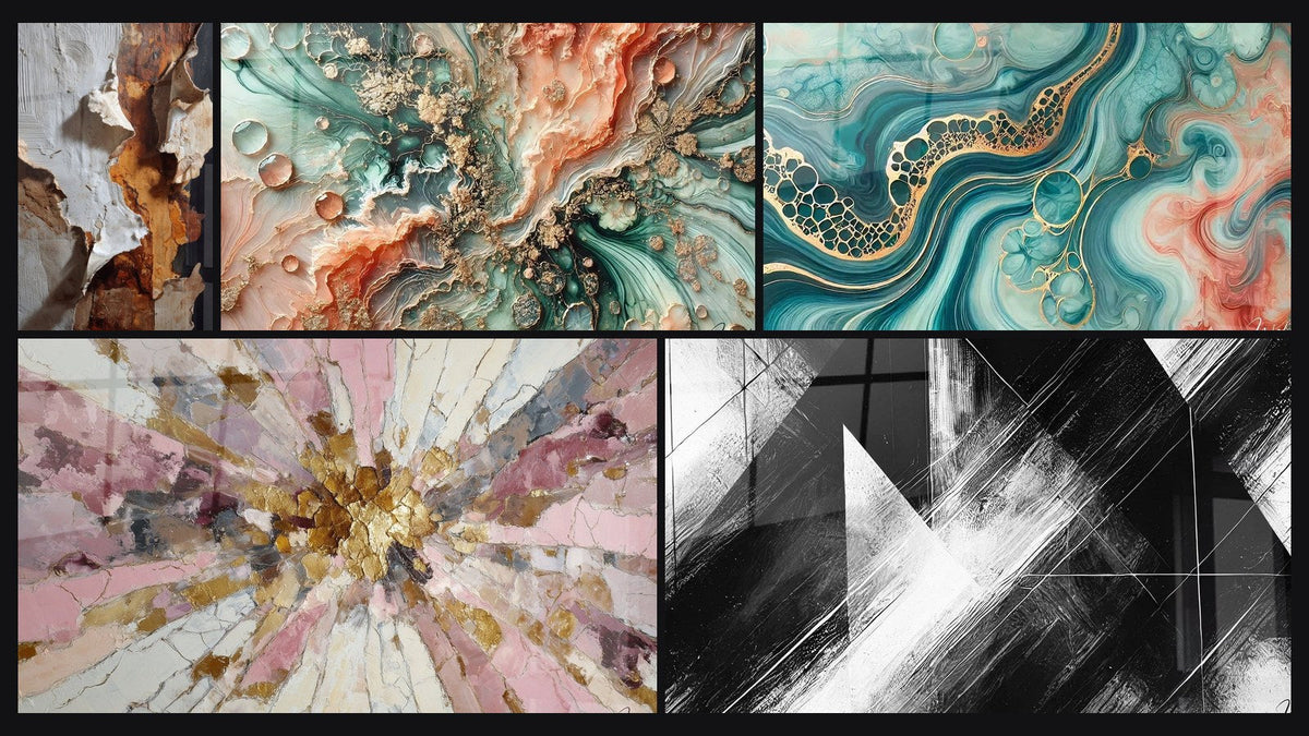 Mosaïque de cinq tableaux, dont Points de Convergence, Rêve Coralien et Marée d'Aquarelle