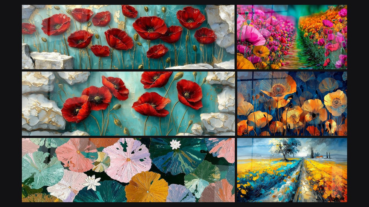 Mosaik aus sechs Gemälden, darunter Seerosenin Pastelltönen und Smaragd und Leuchtende Orange und Blaue Blüten