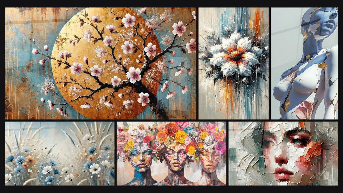 Mosaico di sei quadri, tra cui Dolcezza Floreale, Visione di Dolcezza e Esplosione Floreale