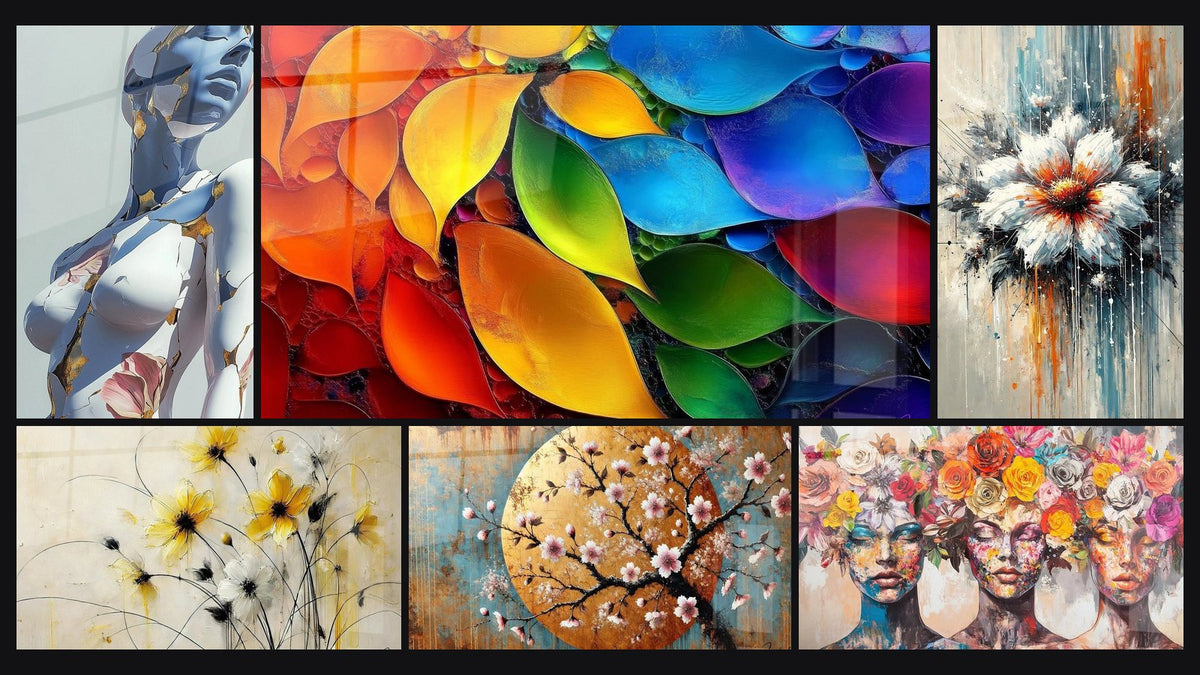 Mosaïque de six tableaux, dont Renaissance Florale, Fleurs de Soleil et Pétales colorés