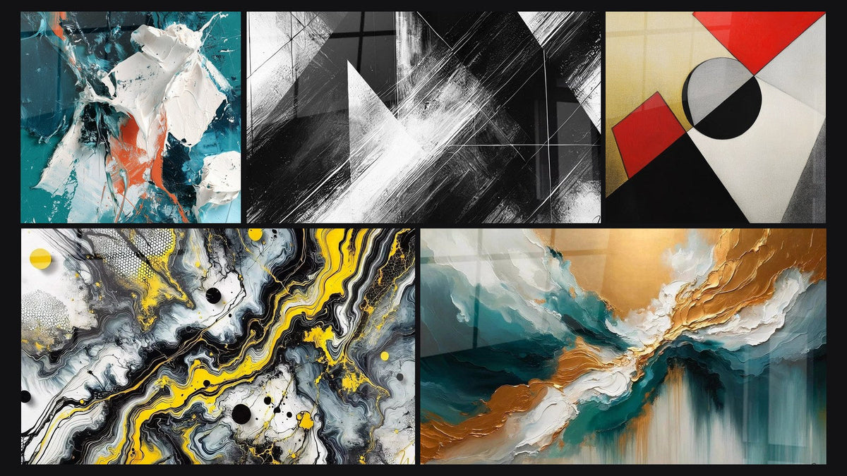 Mosaic of five paintings, including White Shimmer and Teal in Relief, Convergence Points and Colorful geometric shapes