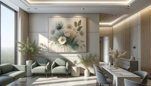 Cabinet médical moderne avec tableau floral contemporain aux tons apaisants, ambiance professionnelle et thérapeutique