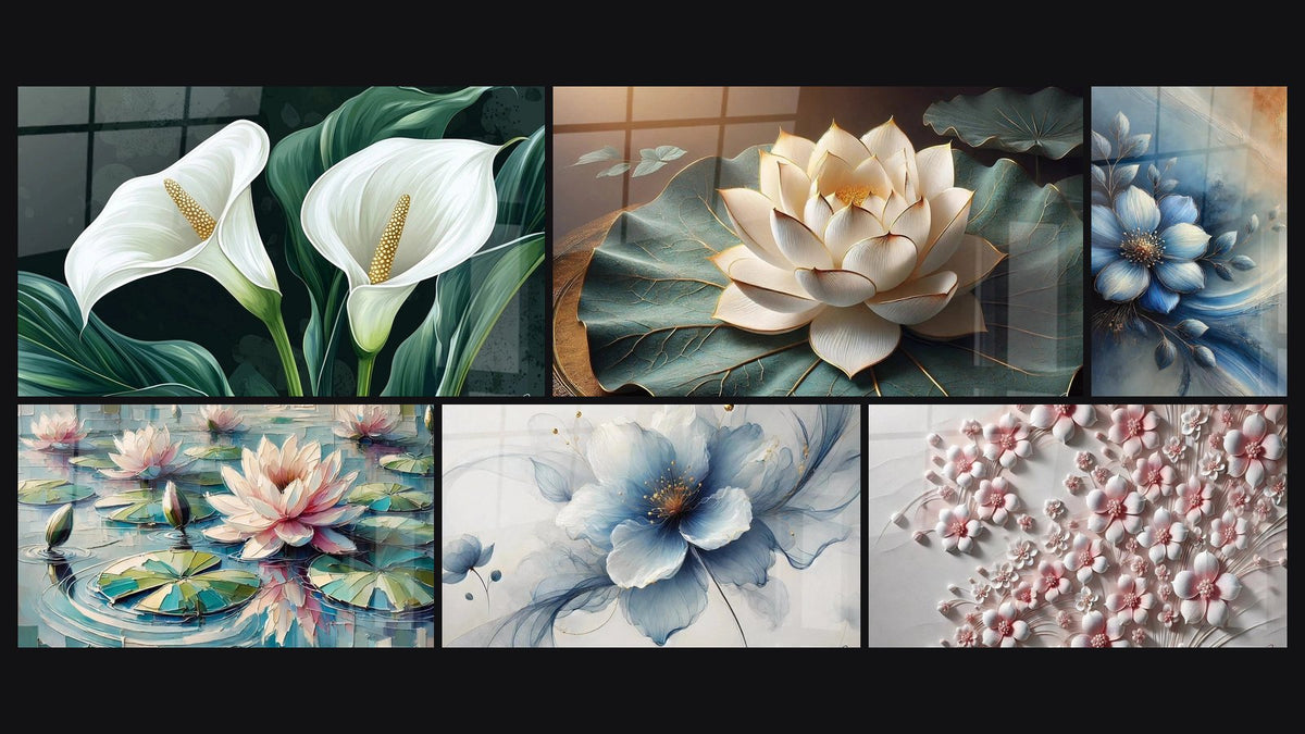 Mosaïque de six tableaux, dont Arum N°1, Pureté Sacrée et Bleu de Minuit
