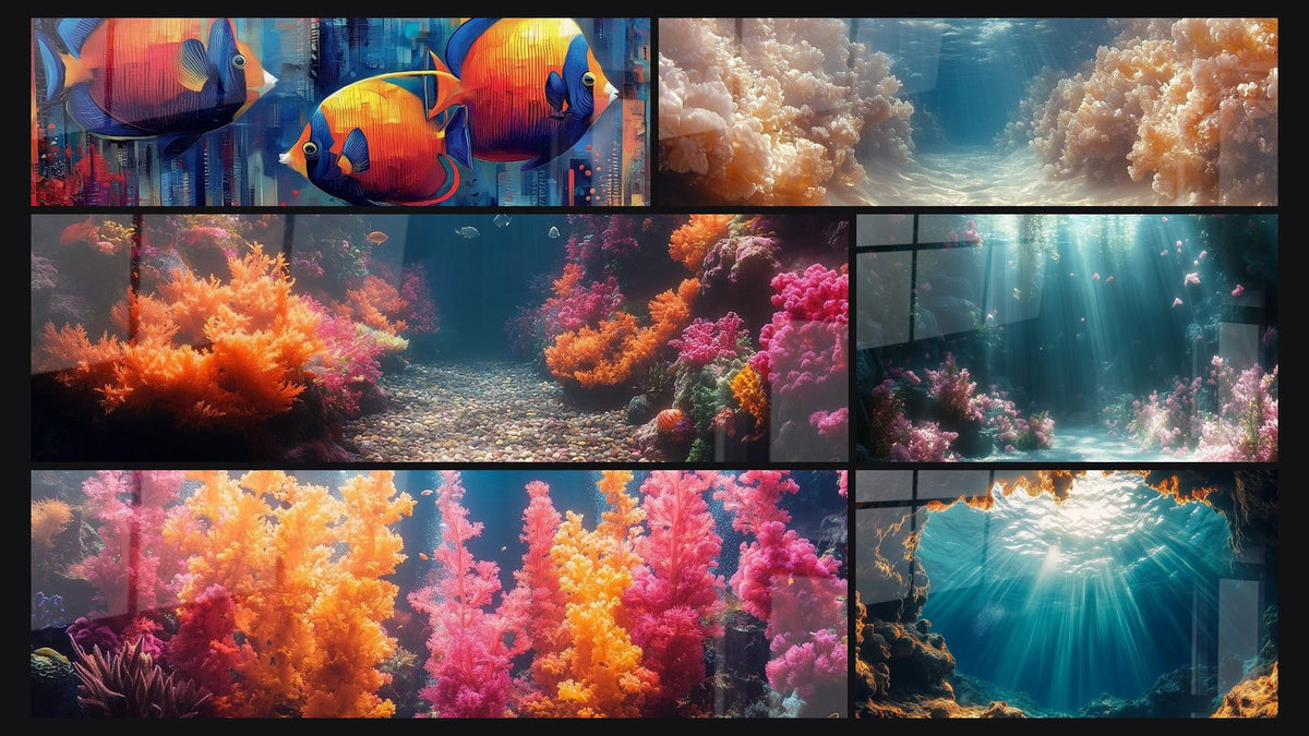 Mosaïque de six tableaux, dont Poissons tropicaux colorés, Récif corallien lumineux et Récif corallien multicolore
