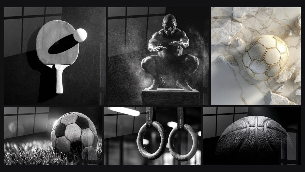 Mosaico de seis cuadros, entre ellos Ping Pong Negro y Blanco, Balón de Fútbol sobre Terreno y Anillos de gimnasia