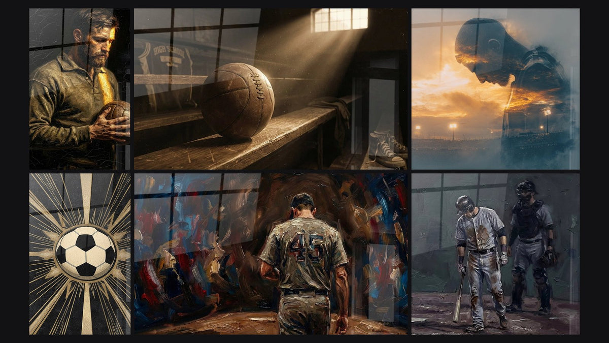 Mosaik aus sechs Gemälden, darunter Nachdenklicher bartiger Mann, Vintage Basketball und Baseball-Spieler Umkleidekabine
