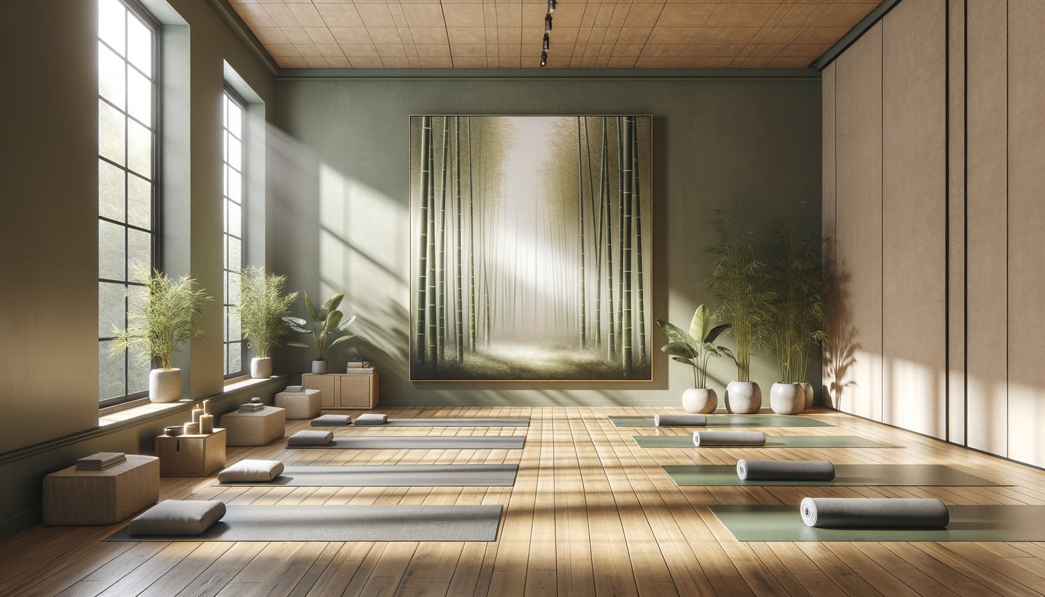 Salle de yoga contemporaine avec grand tableau de forêt de bambou créant une atmosphère zen et apaisante