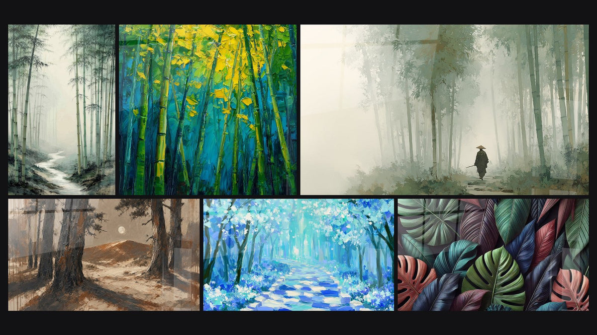 Mosaic of six paintings, including Bamboo Forest Green Sage and Misty Path, Enchanted Forest and Bamboo Forest