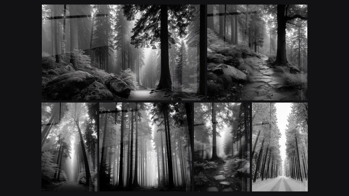 Mosaic of six paintings, including Light Rays in Forest and Forest Road Snow