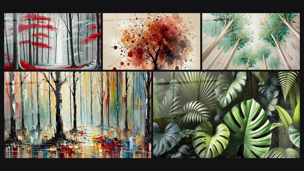 Mosaïque de cinq tableaux, dont Alignement Naturel, Eclats de Saison et Forêt Abstraite