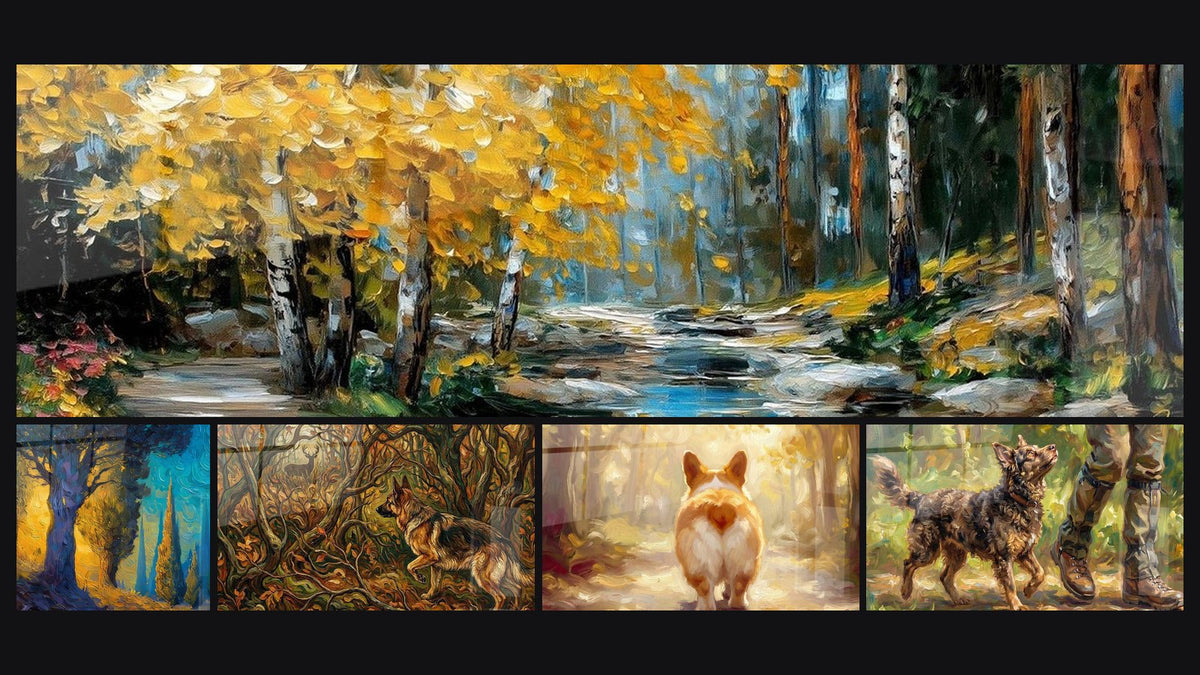 Mosaïque de cinq tableaux, dont Rivière Automnale, Forêt mystérieuse et Corgi Roux Vue Arrière Forêt Dorée