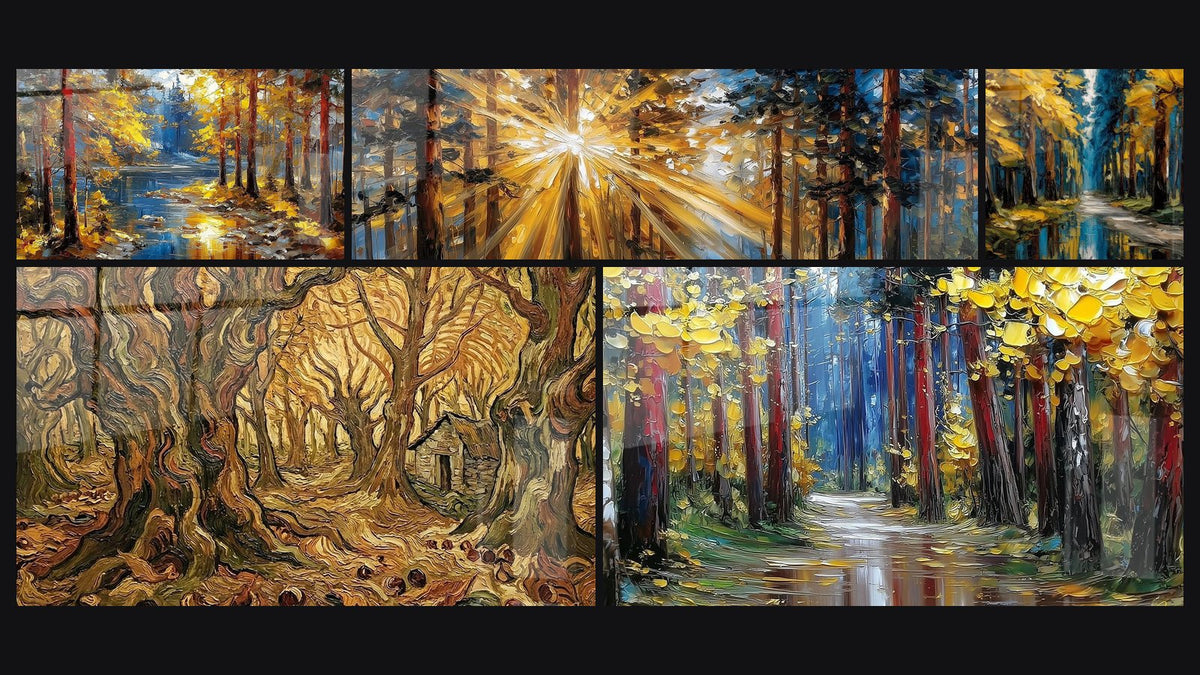 Mosaïque de cinq tableaux, dont Forêt Automnale et Rivière, Forêt Enchantée et Rayons de Soleil en Forêt