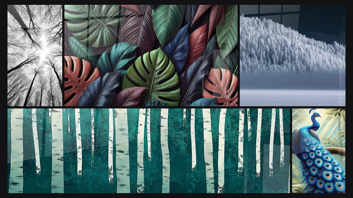Mosaïque de cinq tableaux, dont Forêt Vue Plongée, Forêt Enchantée et Forêt Cathédrale sauvage