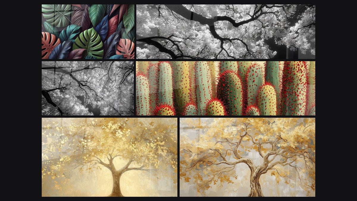 Mosaïque de six tableaux, dont Forêt Enchantée, Feuillage Doré en Noir et Blanc et Branches de Ginkgo en Noir et Blanc