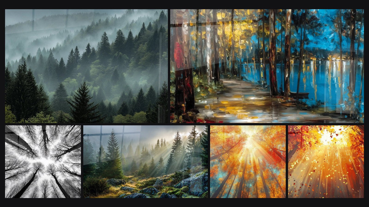 Mosaik aus sechs Gemälden, darunter Vogesenwald im Nebel, Waldbild Draufsicht und Neblige Wald Sonnenstrahlen