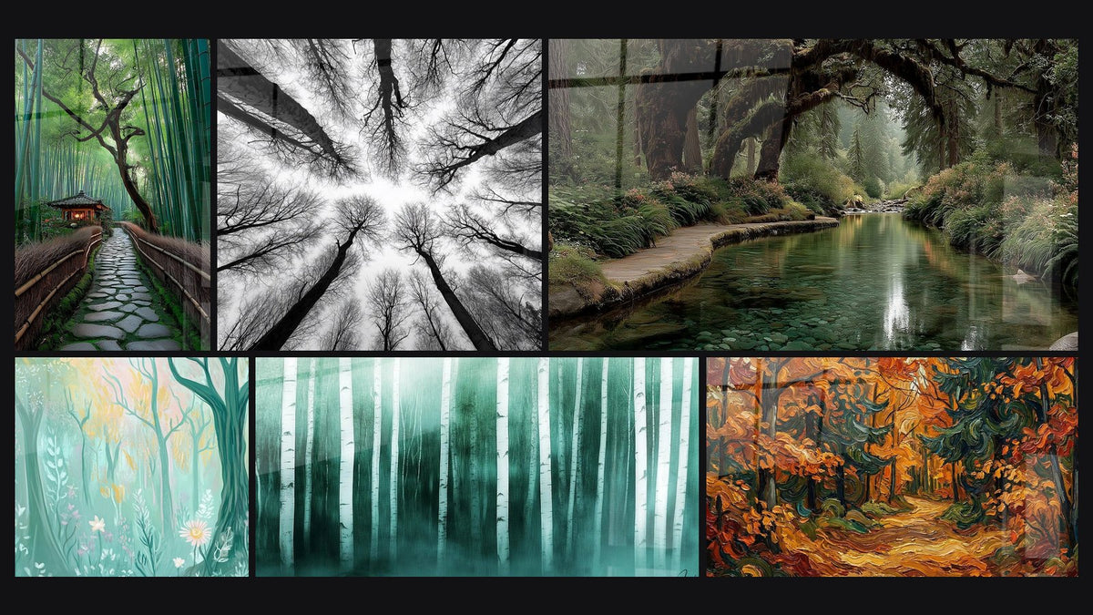 Mosaik aus sechs Gemälden, darunter Bambushain Japanisch, Waldbild Draufsicht und Mystische Morgenröte