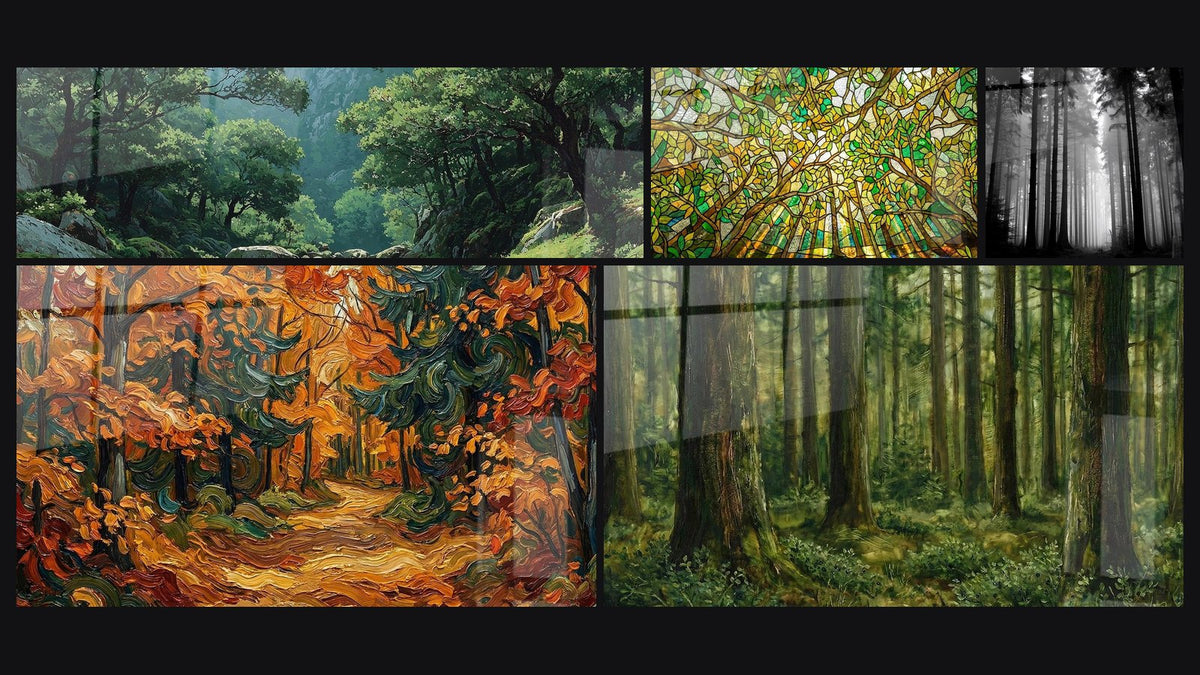 Mosaik aus fünf Gemälden, darunter Waldvitrail, Nadelwaldwald und Tannenwald im Nebel