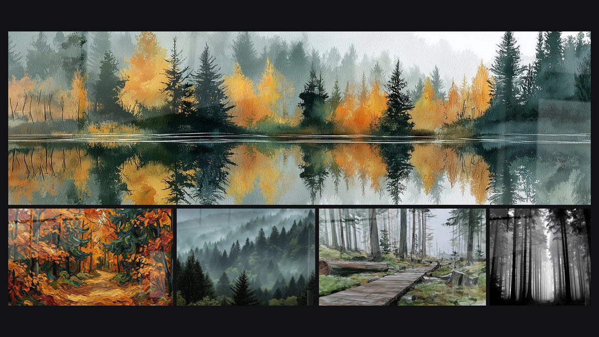 Mosaico de cinco cuadros, entre ellos Bosque Otoñal Vosgos, Bosque de Otoño y Bosque Vosgiano en la Niebla