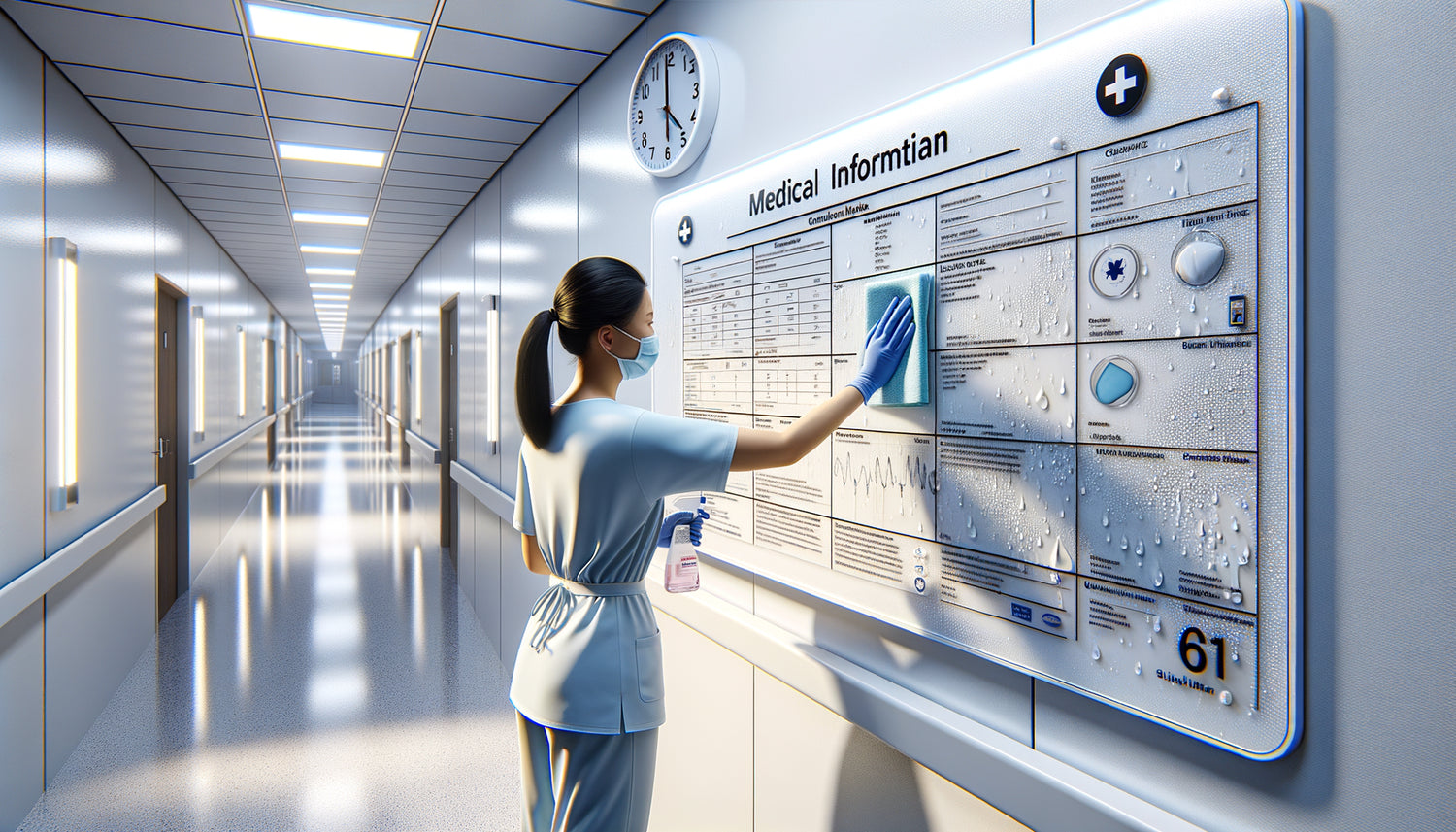 Tableau sur forex en environnement hospitalier moderne, nettoyage avec désinfectant, usage médical intensif