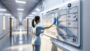 Tableau sur forex en environnement hospitalier moderne, nettoyage avec désinfectant, usage médical intensif