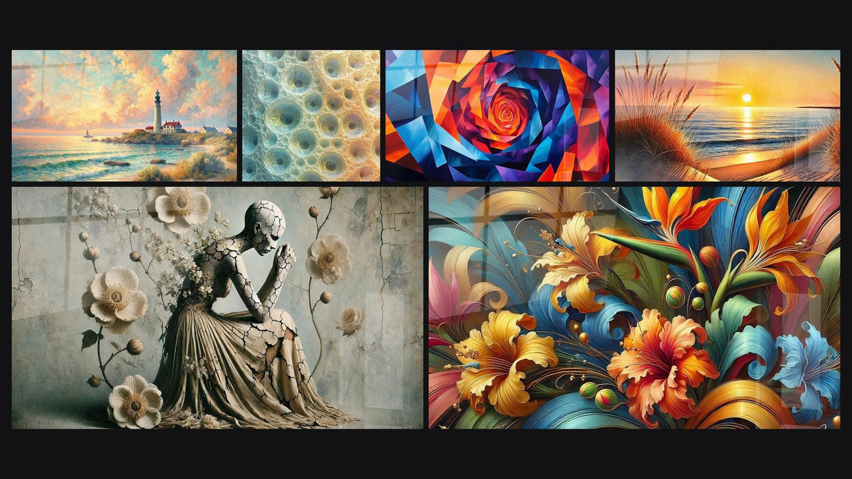 Mosaic of six paintings, including Dawn Over the Lighthouse, Quantum Intimacy and Geometric Hypnosis