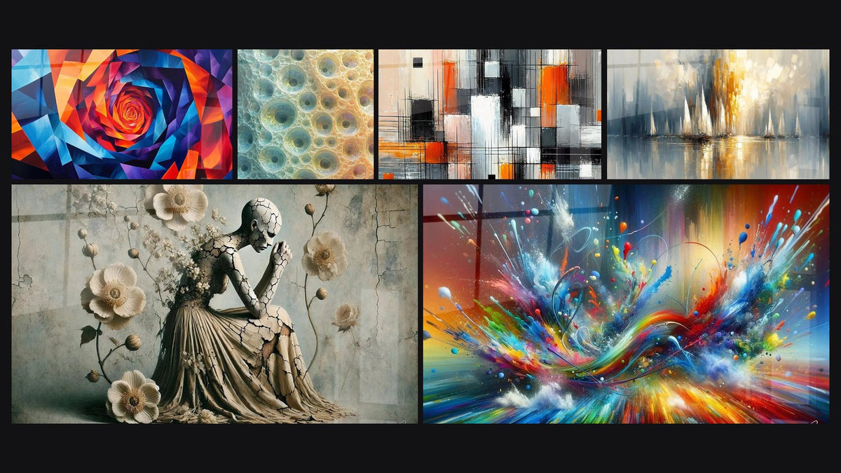 Mosaico de seis cuadros, entre ellos Hipnosis Geométrica, Renacimiento en la Ruina y Mecánica de Colores