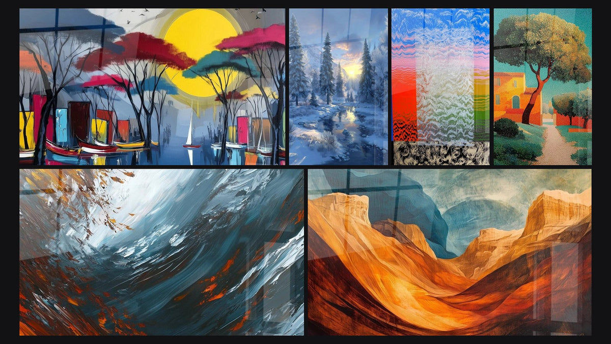 Mosaïque de six tableaux, dont Courants Glacés, Méandres Ambrés et Paysage Éclat Matinal