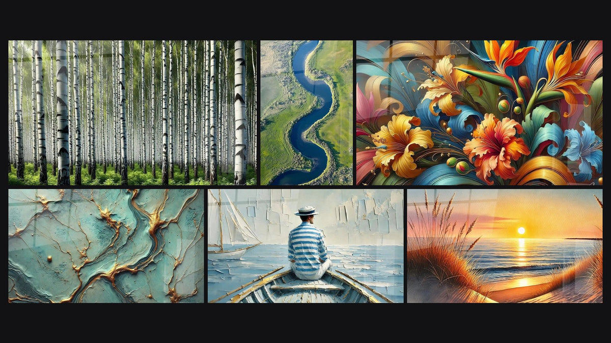 Mosaik aus sechs Gemälden, darunter Baumstamm-Wand, Goldene Flüsse und Die Kunst des Wassers