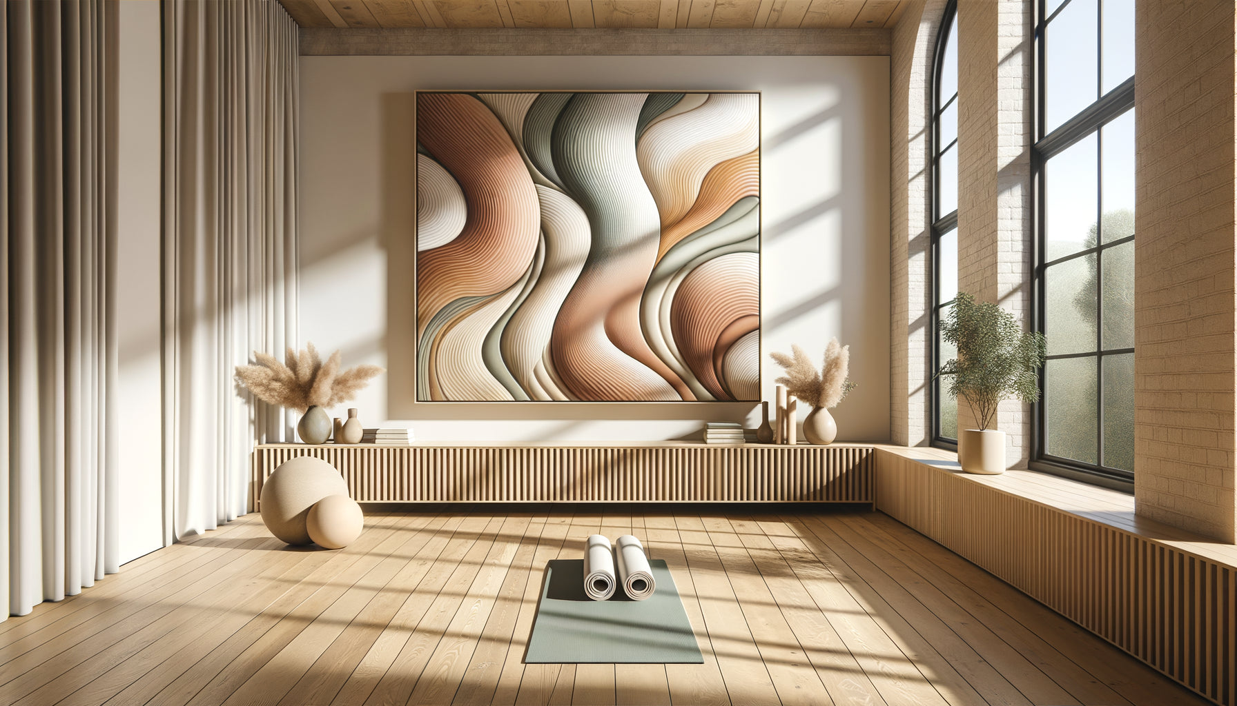 Studio de Pilates contemporain avec tableau abstrait aux formes organiques courbes en tons terreux, créant harmonie visuelle apaisante