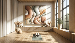 Studio de Pilates contemporain avec tableau abstrait aux formes organiques courbes en tons terreux, créant harmonie visuelle apaisante