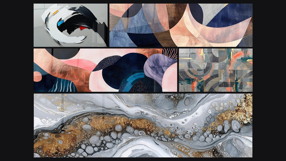 Mosaic of five paintings, including Dynamic Abstract, Undulating Symbiosis Coral and Grey and Coral Circles Intertwined